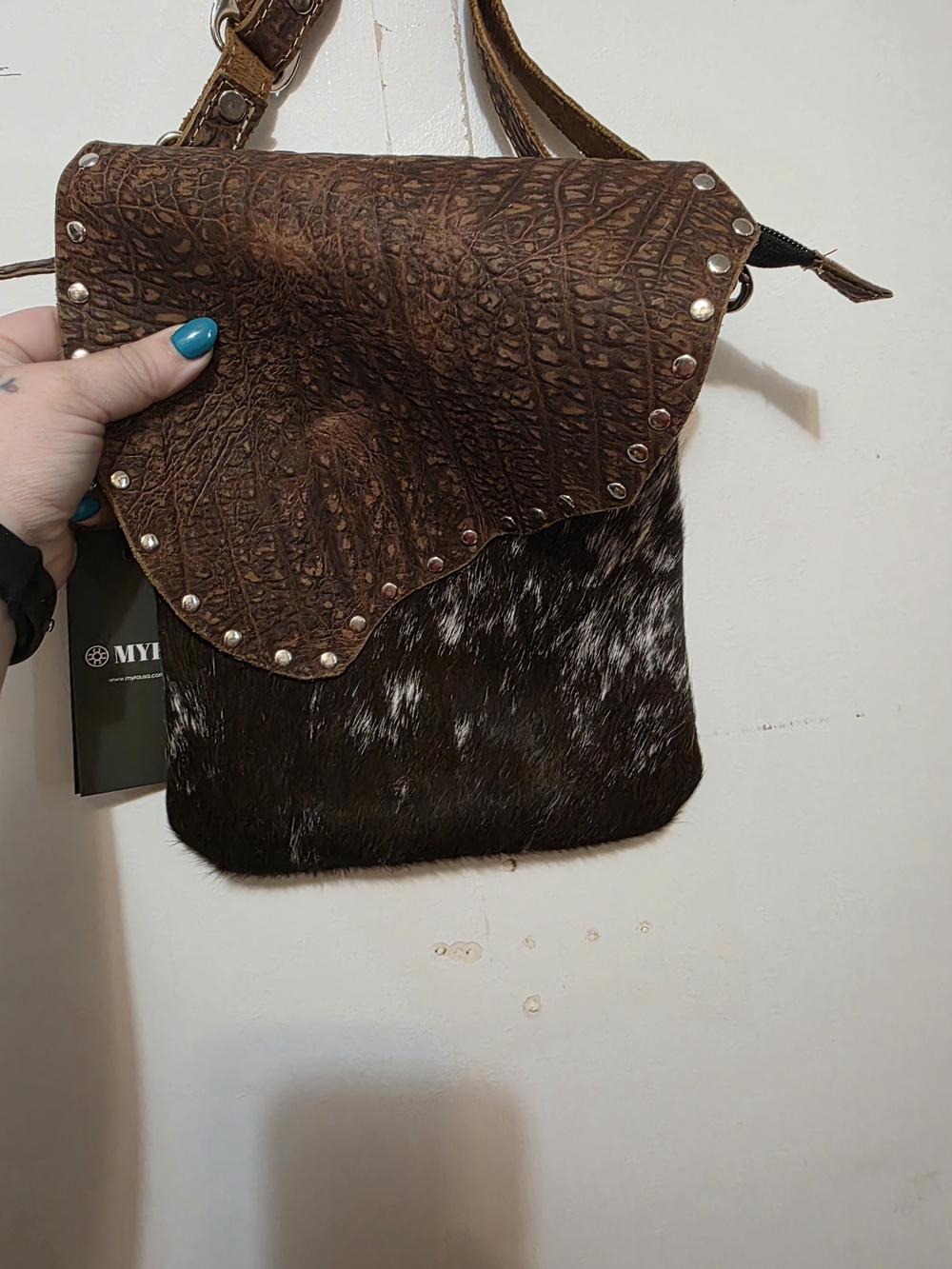 Myra Bag Brown Leather & Haircalf Crossbody with Stud Accent